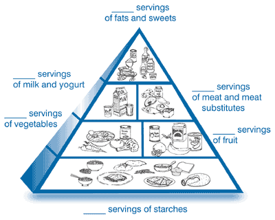 The Food Pyramid, with a space to fill in the number of servings next to the name of each food group.
